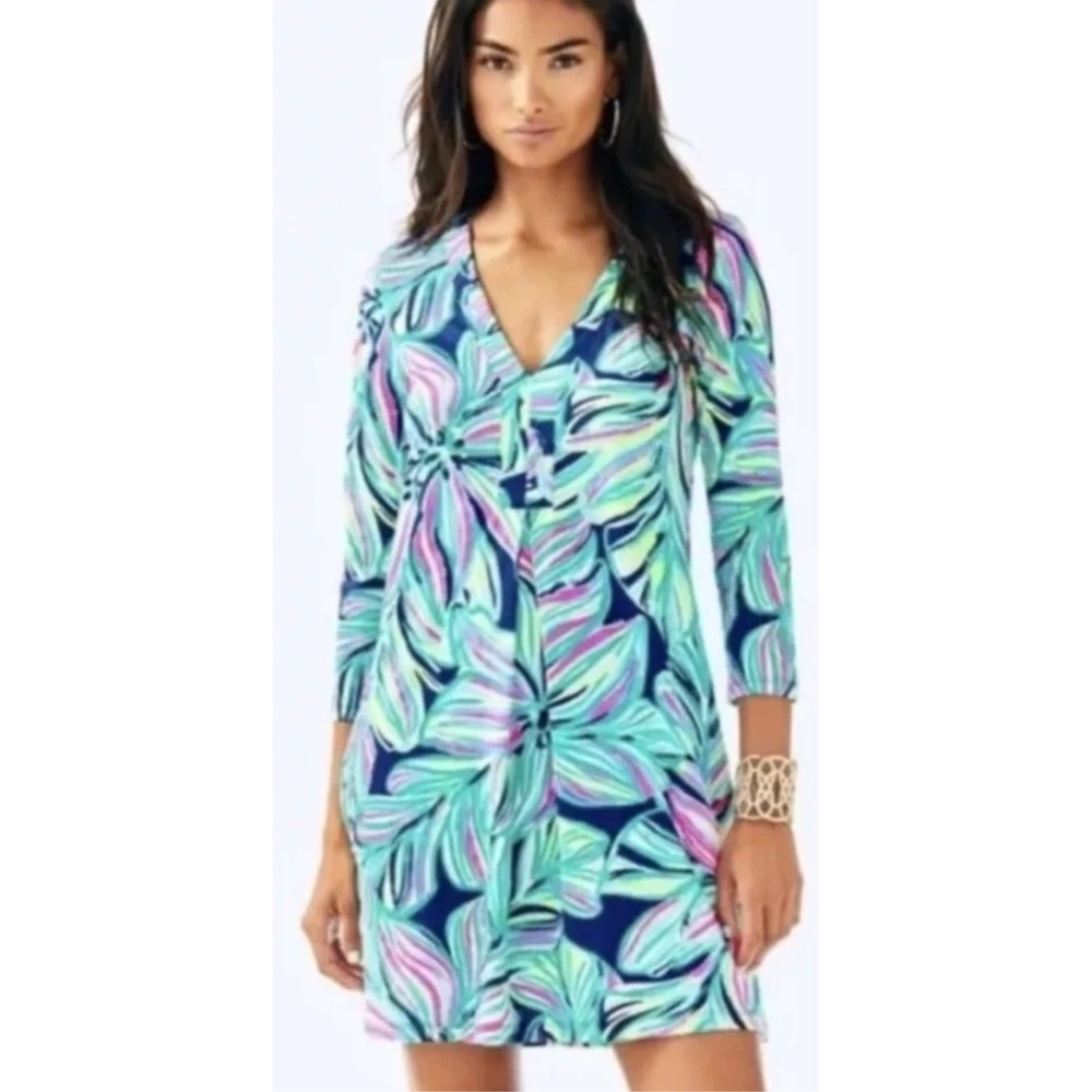 Lilly Pulitzer Pima Cotton 3/4 Sleeve High Tide Dancing Lady Amina Dress Large - Picture 1 of 12